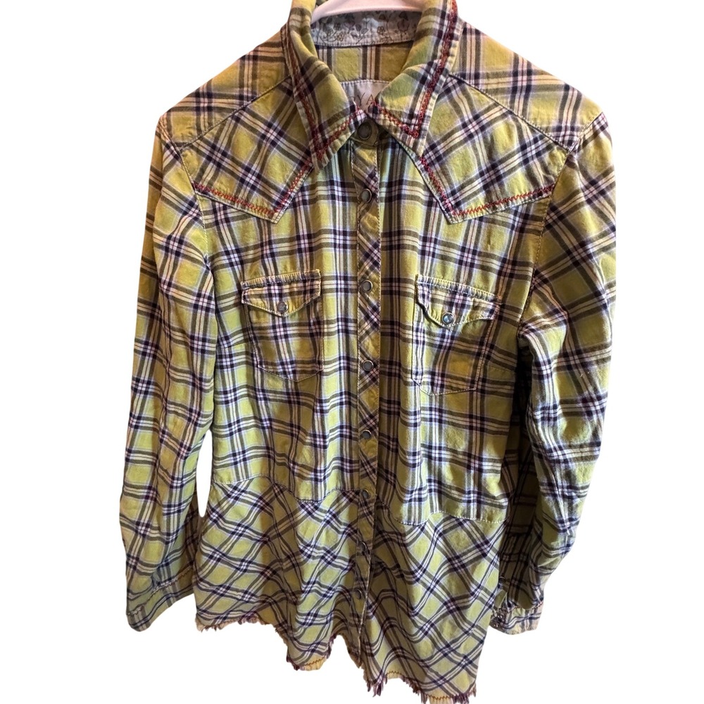 Ryan Michael Womens Lime Green Plaid Western Snap Shirt Fringe Hem Medium